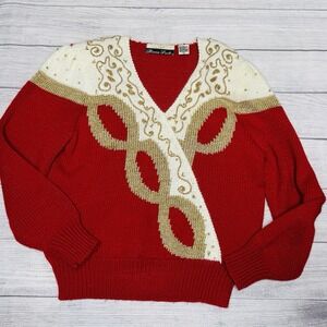 Dana Scott Vintage 80/90s Sweater Large Red White Gold Granny Evening Holiday‎